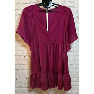 Glam Berry Wine Satin Tiered Babydoll Dress‎ V-Neck Flutter Sleeve Size M NWOT